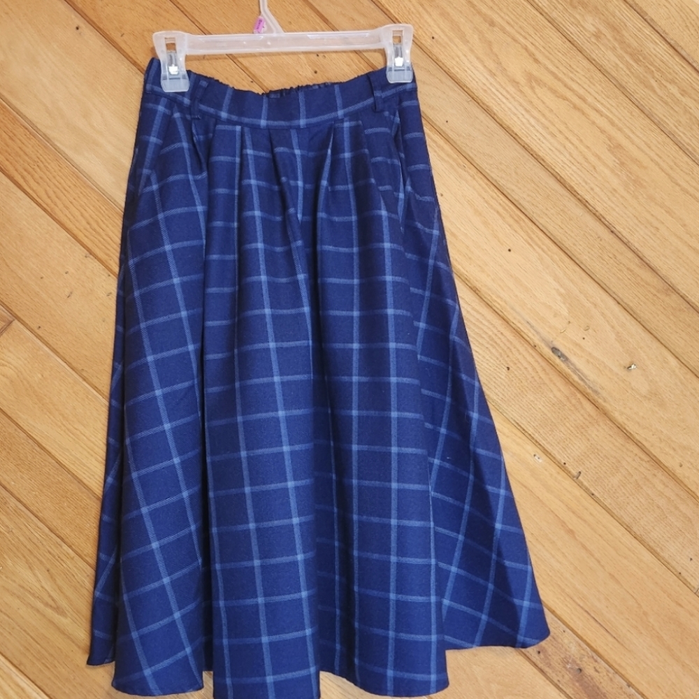 Modcloth small Breathtaking Tiger Lillies blue plaid midi skirt